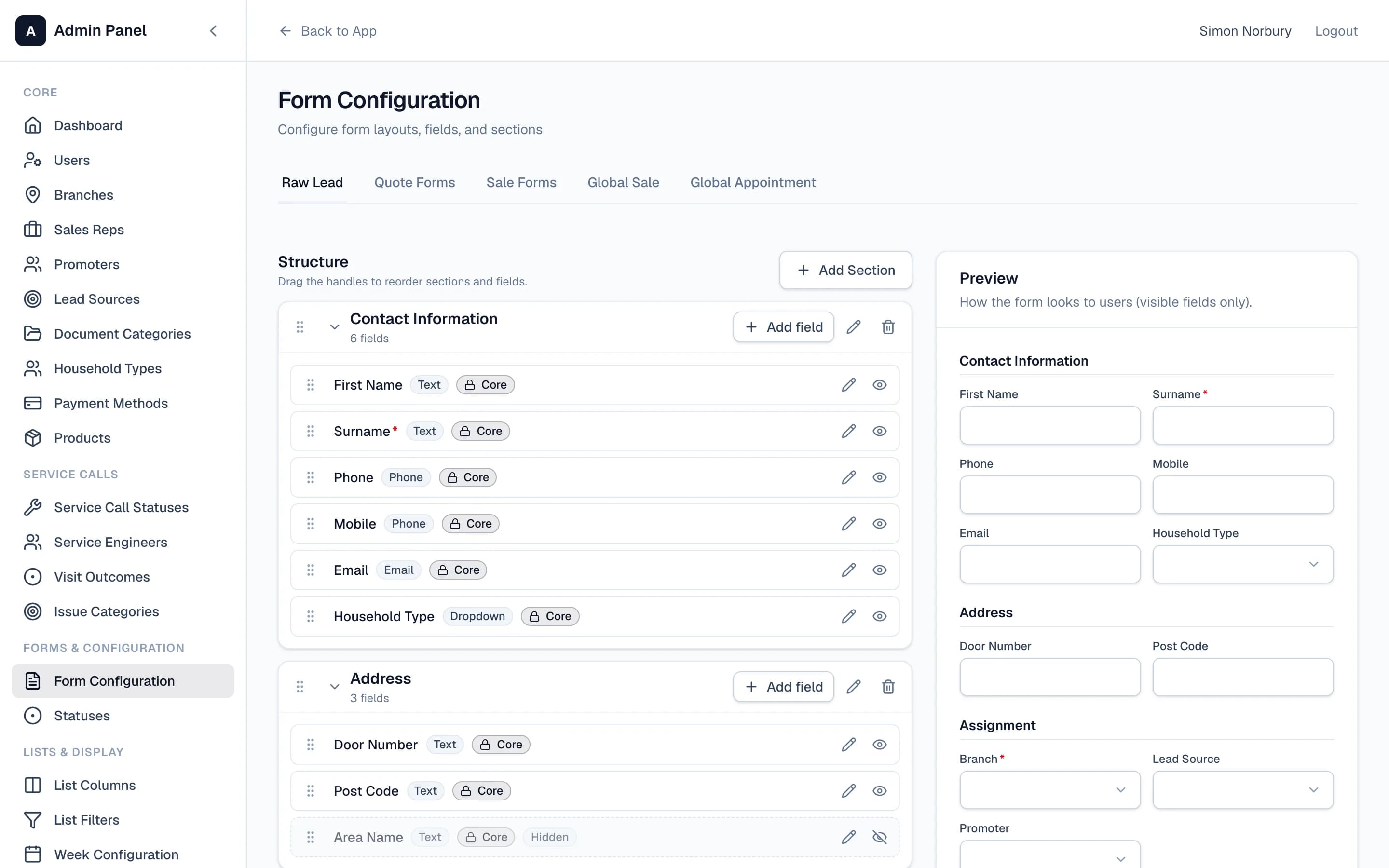The form builder: drag fields into sections and preview the lead form live