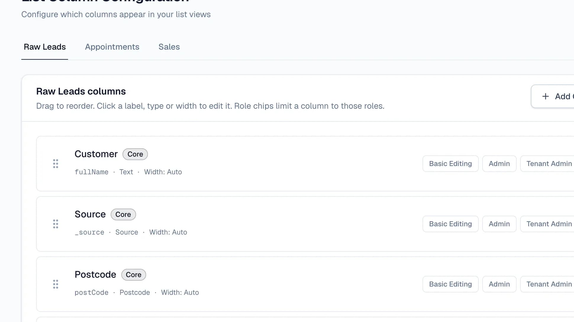 Choosing which columns appear in the leads list, and for which roles