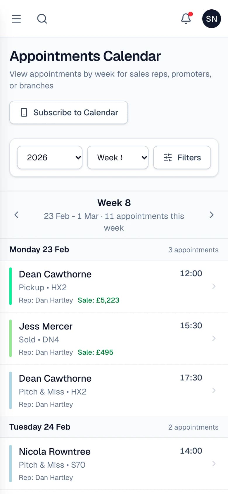 A sales rep's week of appointments on a phone