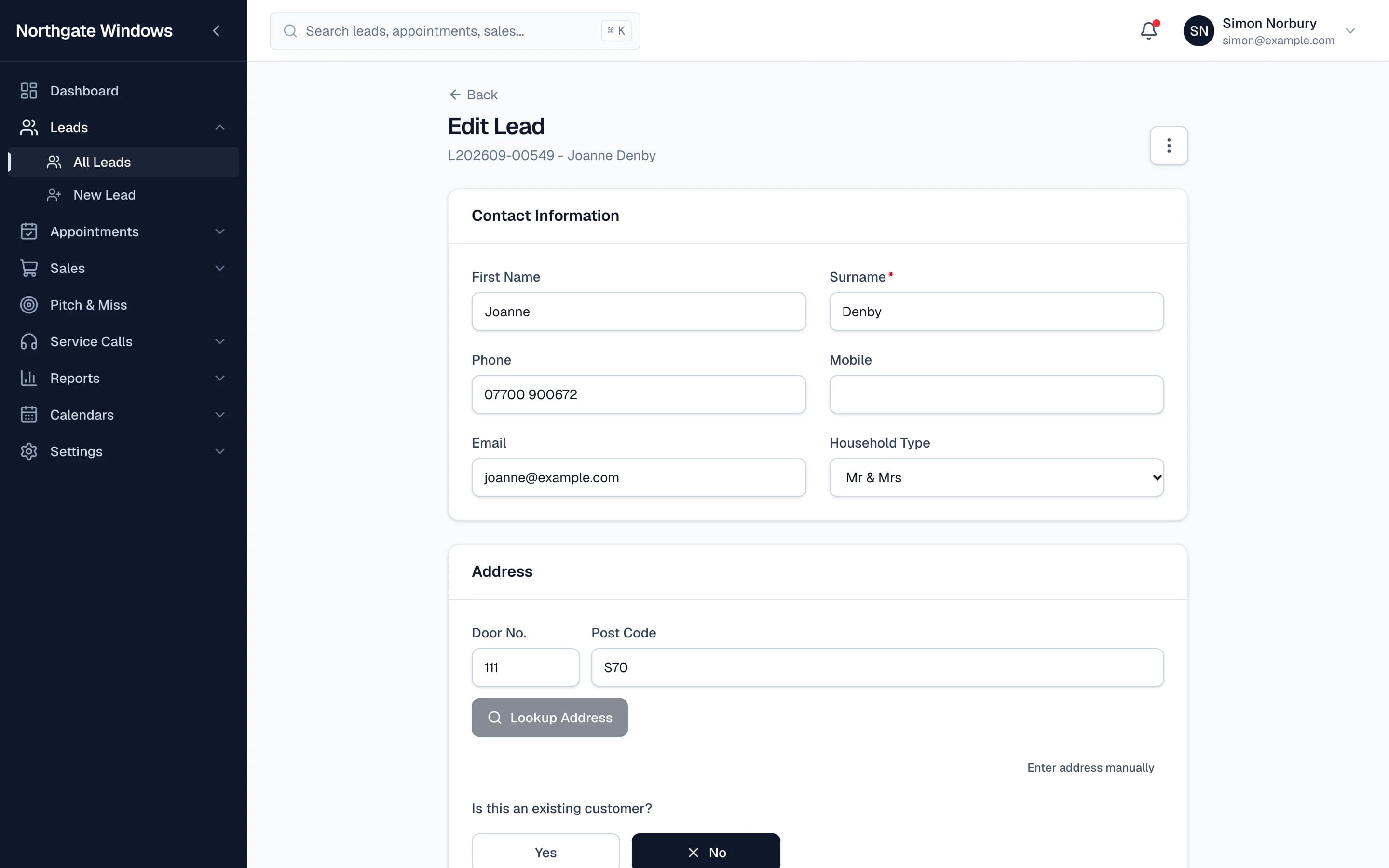 A customer record with contact details and address