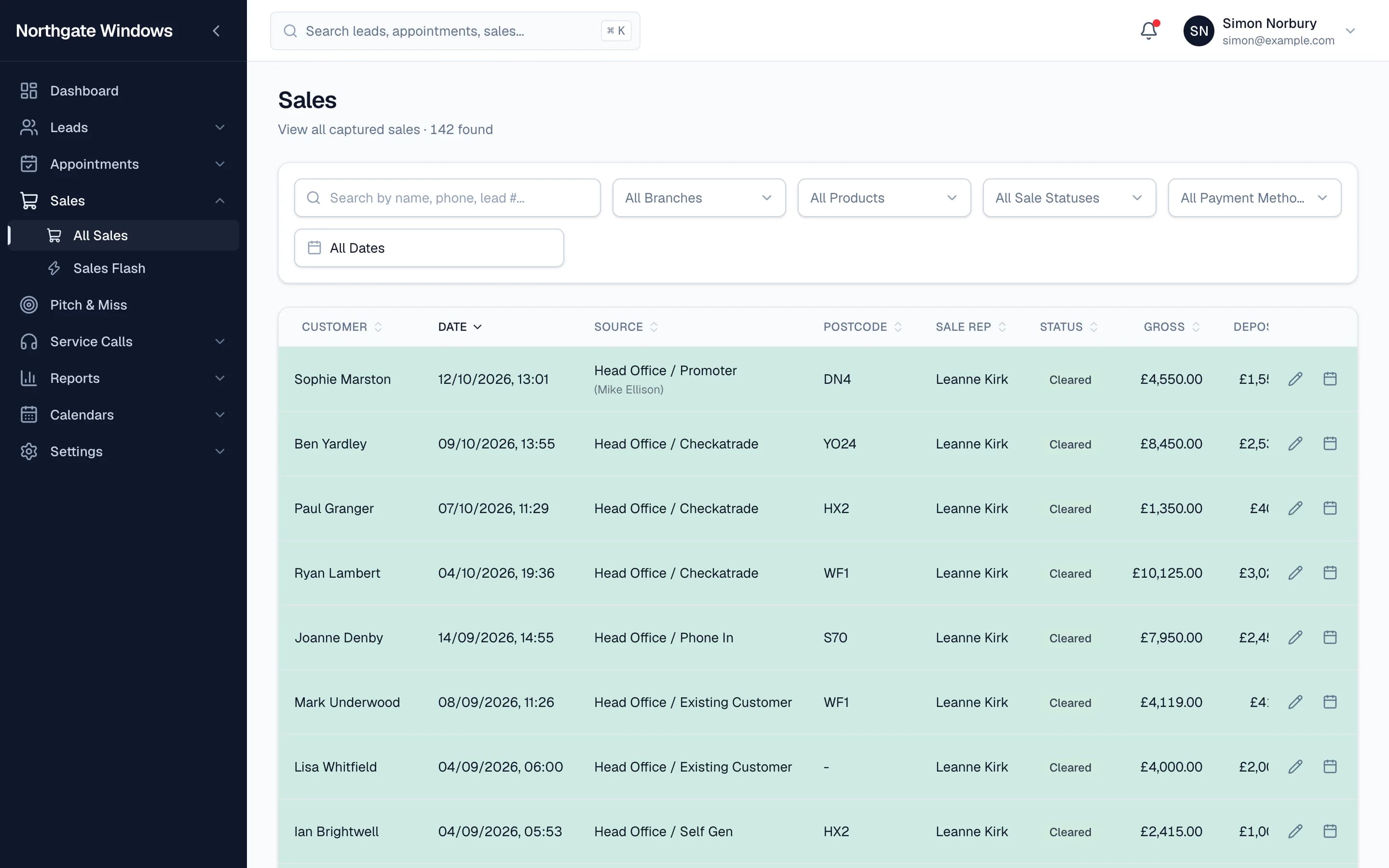The sales list with source, rep, status, gross and deposit