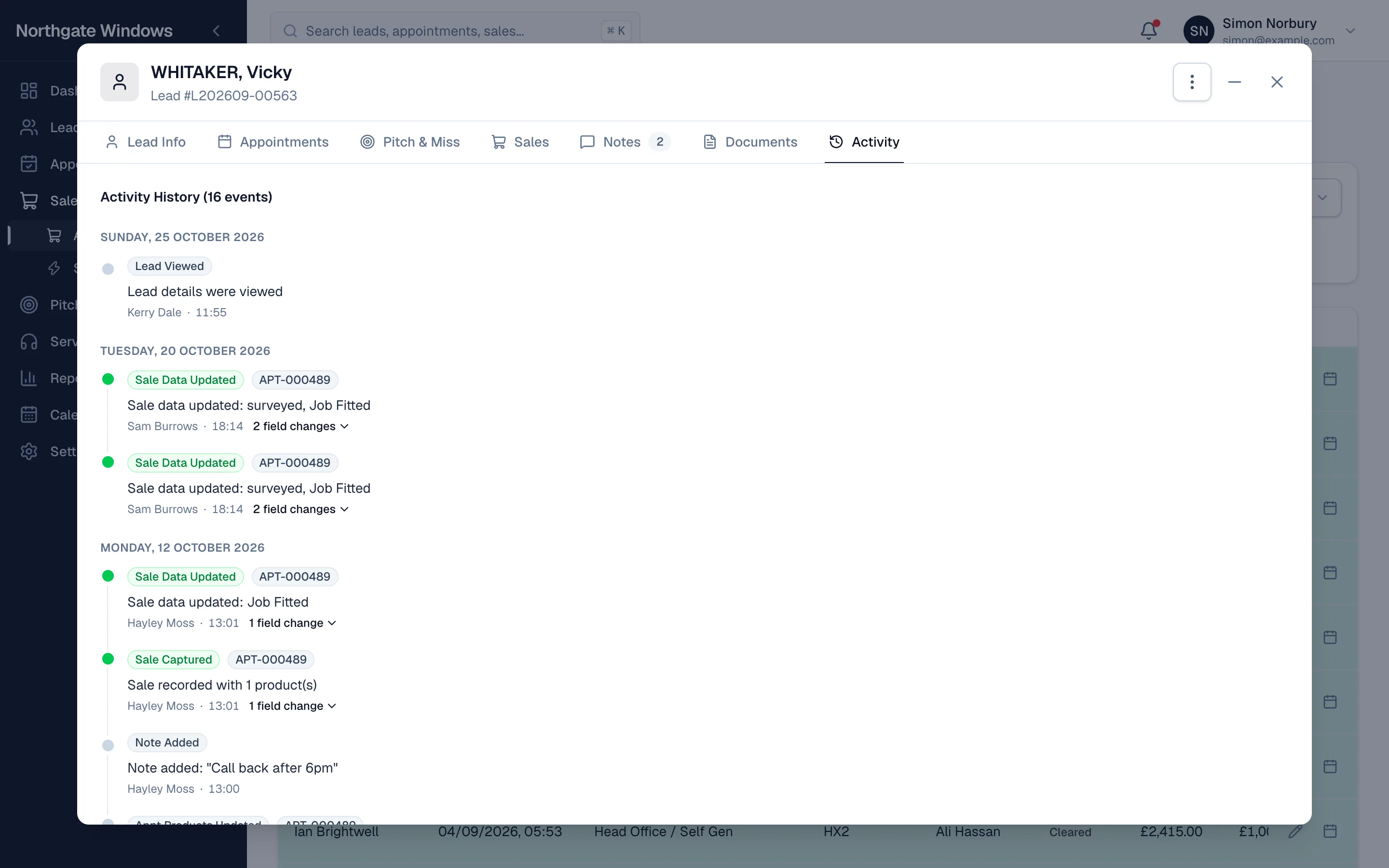 A customer's activity history