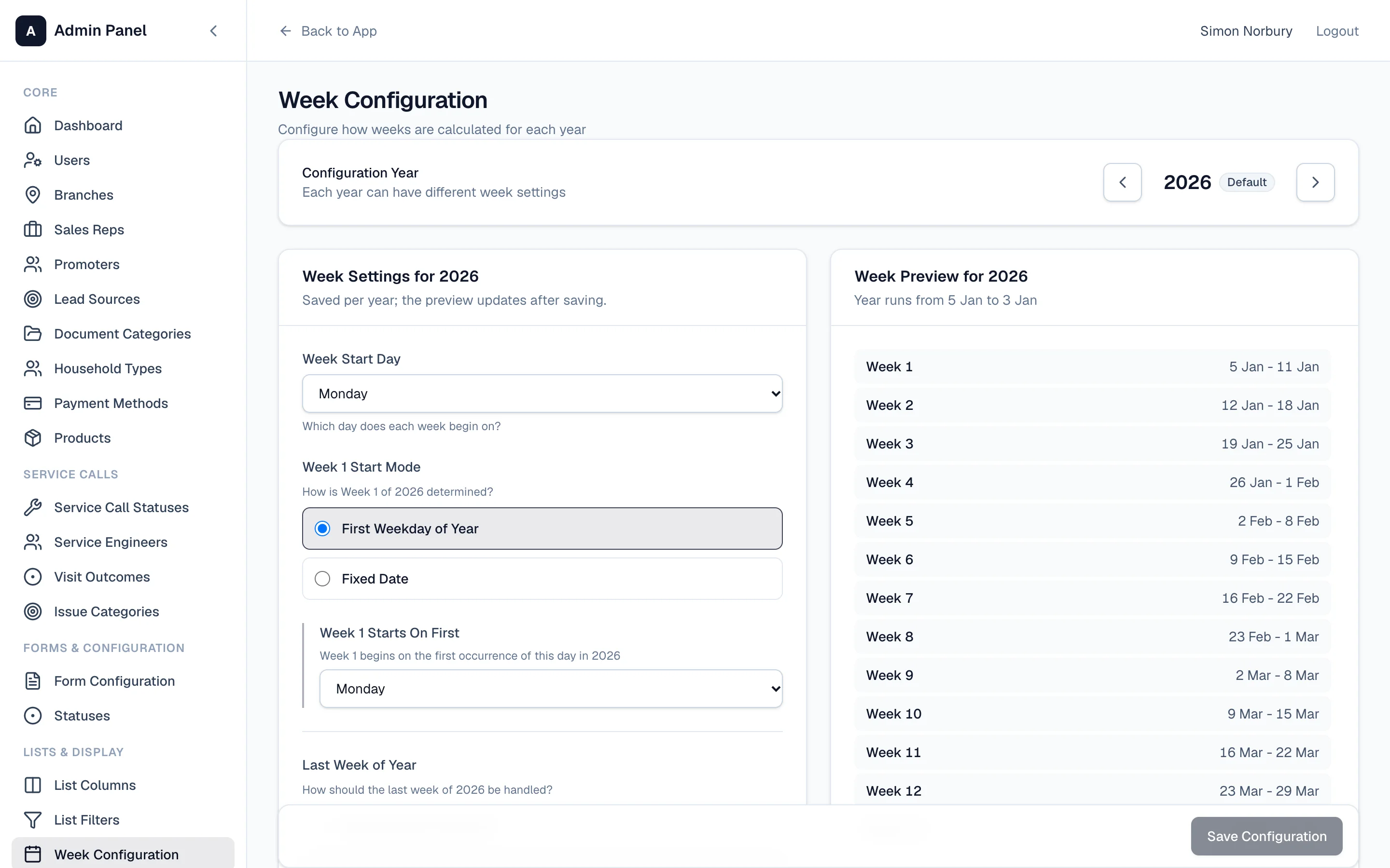 Setting up sales weeks