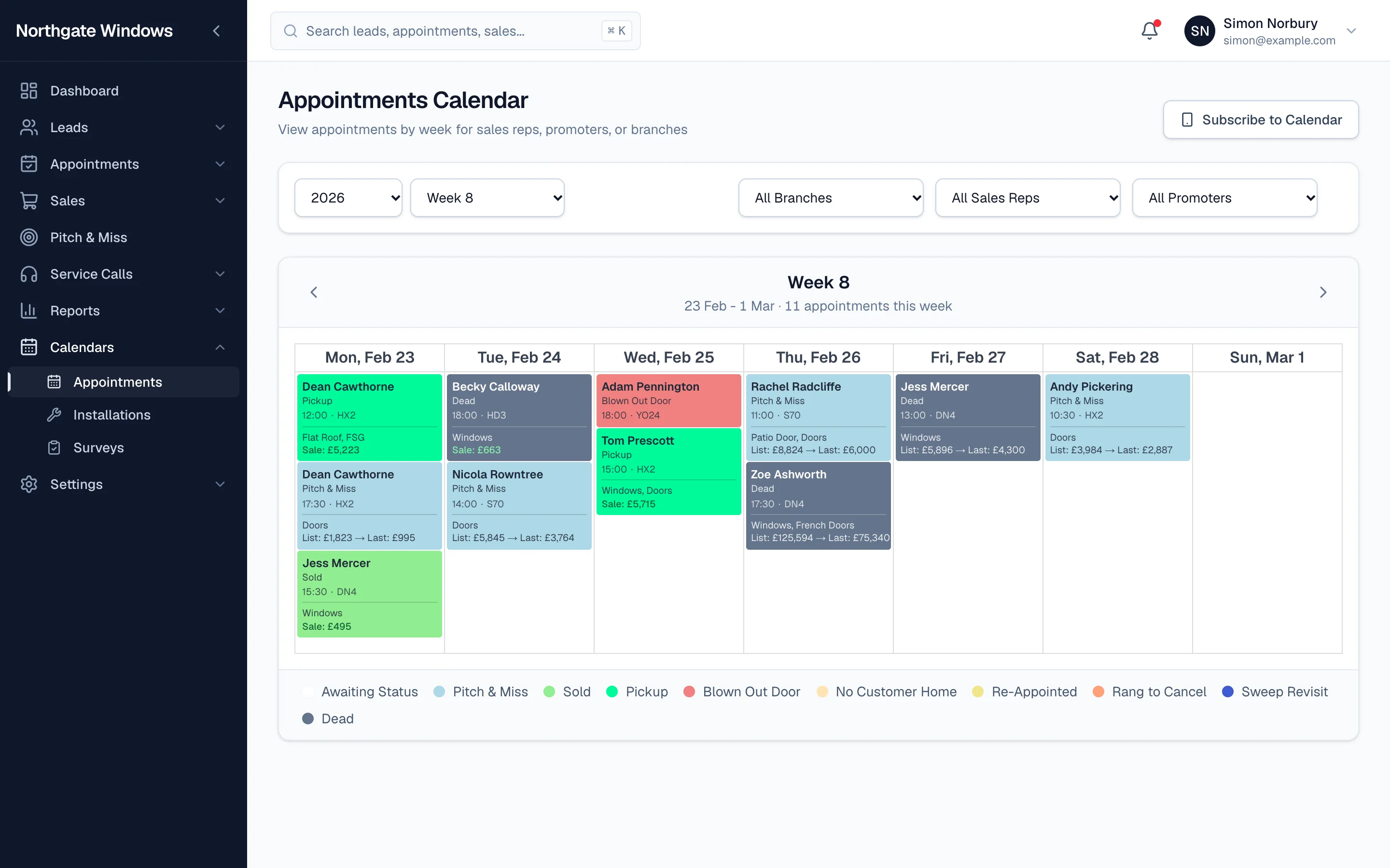 A week of appointments, with Pitch & Miss outcomes in blue