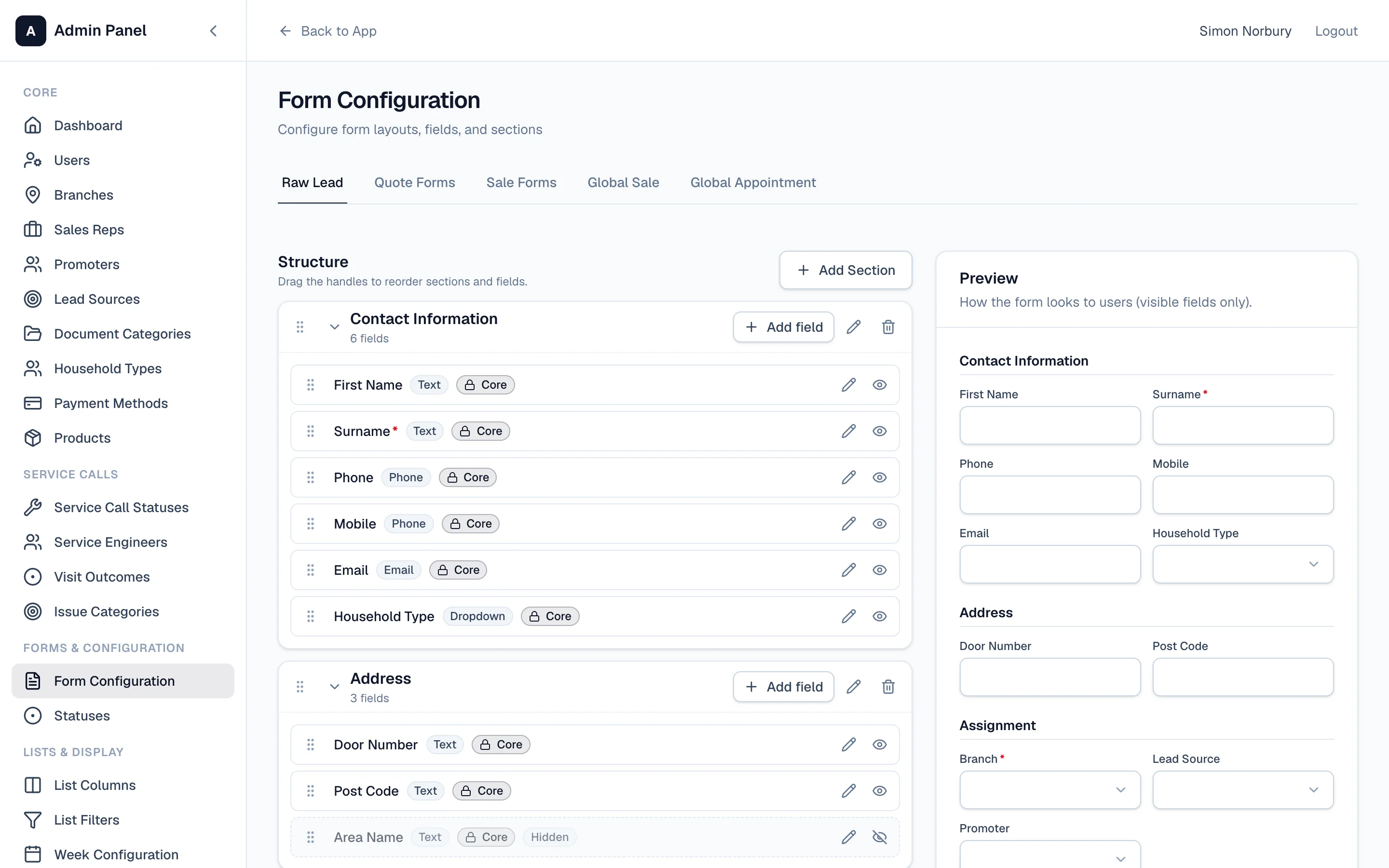 The form builder with a live preview