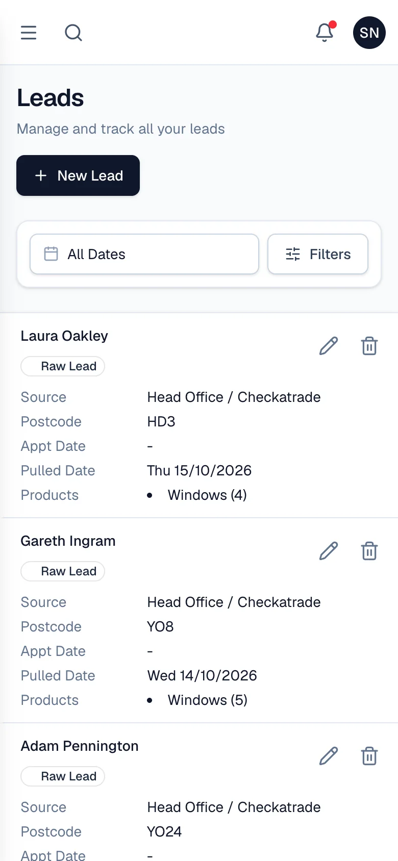 The leads list on a phone