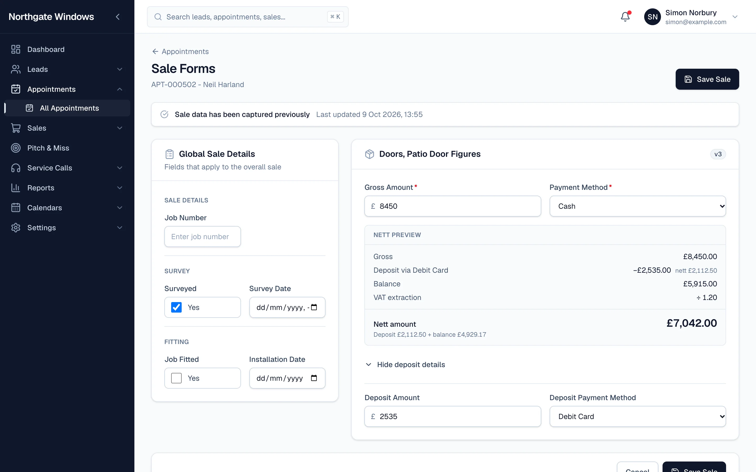 Capturing a sale with a live nett preview